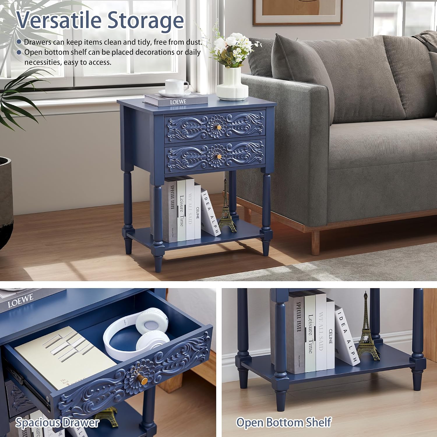 Nightstand, Farmhouse Bedside Table with 2 Drawers and Open Shelf, Wood Sofa Side Table End Table Accent Dresser for Bedroom, Living Room (with Shelf, Blue)