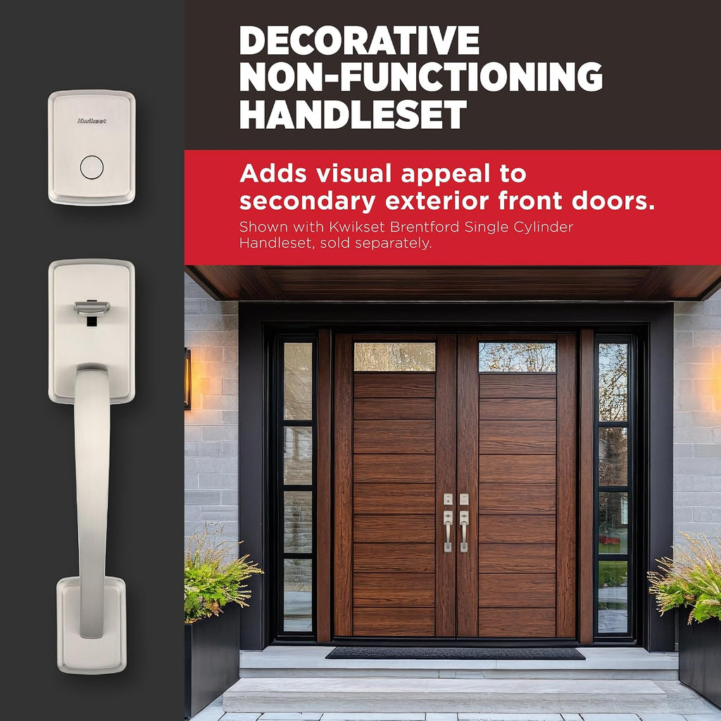 Kwikset Brentford Front Door Lock Handle and Deadbolt Set, Dummy Handleset Exterior with Interior Door Knob, Secure Locking Deadbolt, Satin Nickel