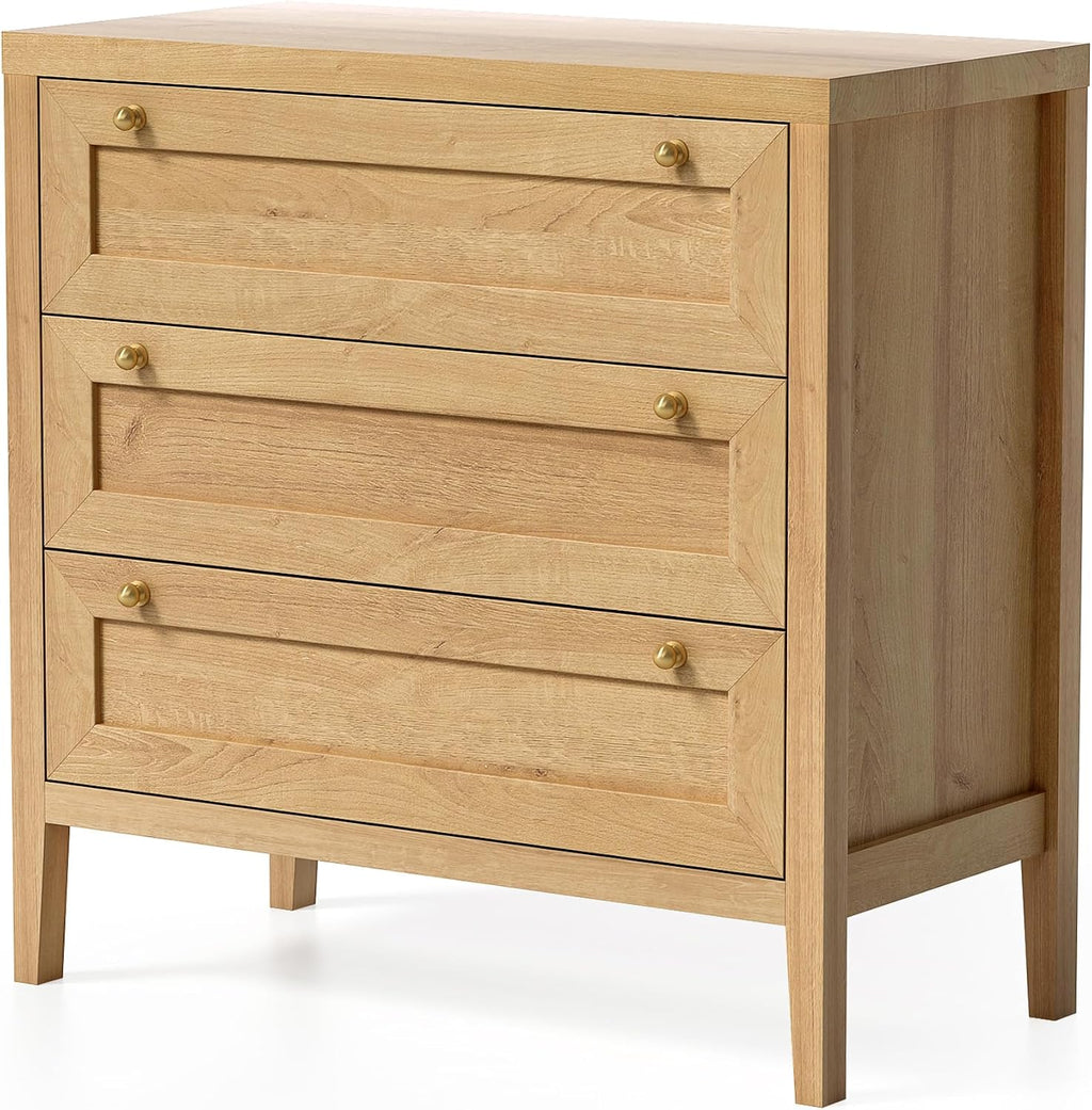 EYYTHUNG Modern 3 Drawer Dresser for Bedroom, Chest of Drawers with Golden Handles, Wood Tall Nightstand, Storage Dresser Cabinet Side Table for Living Room, Hallway, Natural Oak