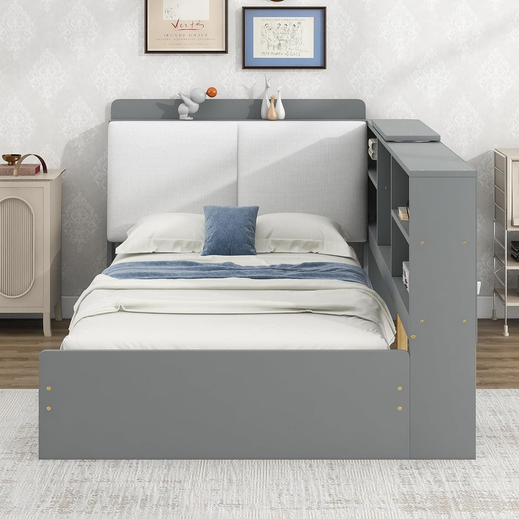 Merax Twin Size Corner Bed Frame with Storage and Upholsetered Headboard, Wood Kids Twin Daybed Frame with Drawers and Shelves, Twin Size Corner Daybed for Kids Room, Twin with Drawers, Grey