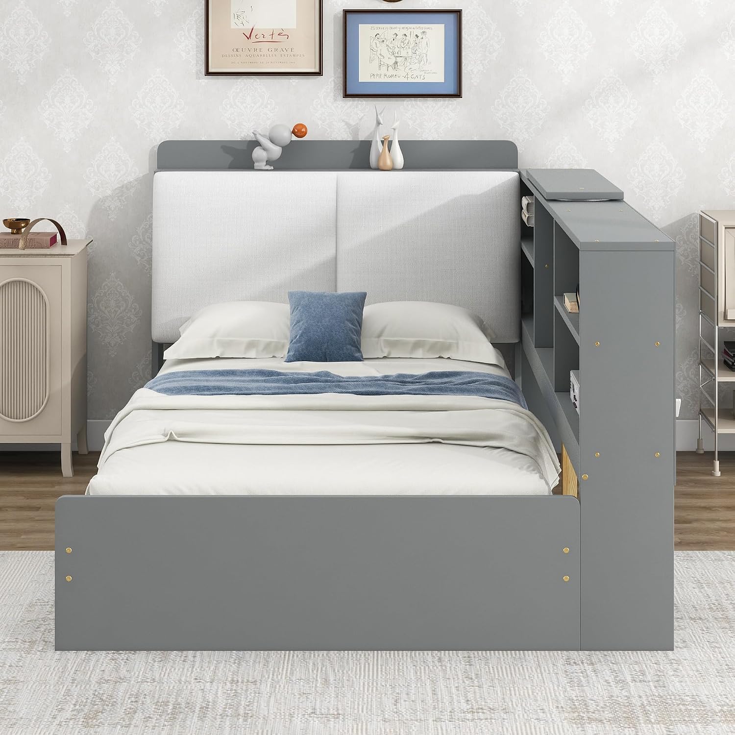 Merax Twin Size Corner Bed Frame with Storage and Upholsetered Headboard, Wood Kids Twin Daybed Frame with Drawers and Shelves, Twin Size Corner Daybed for Kids Room, Twin with Drawers, Grey