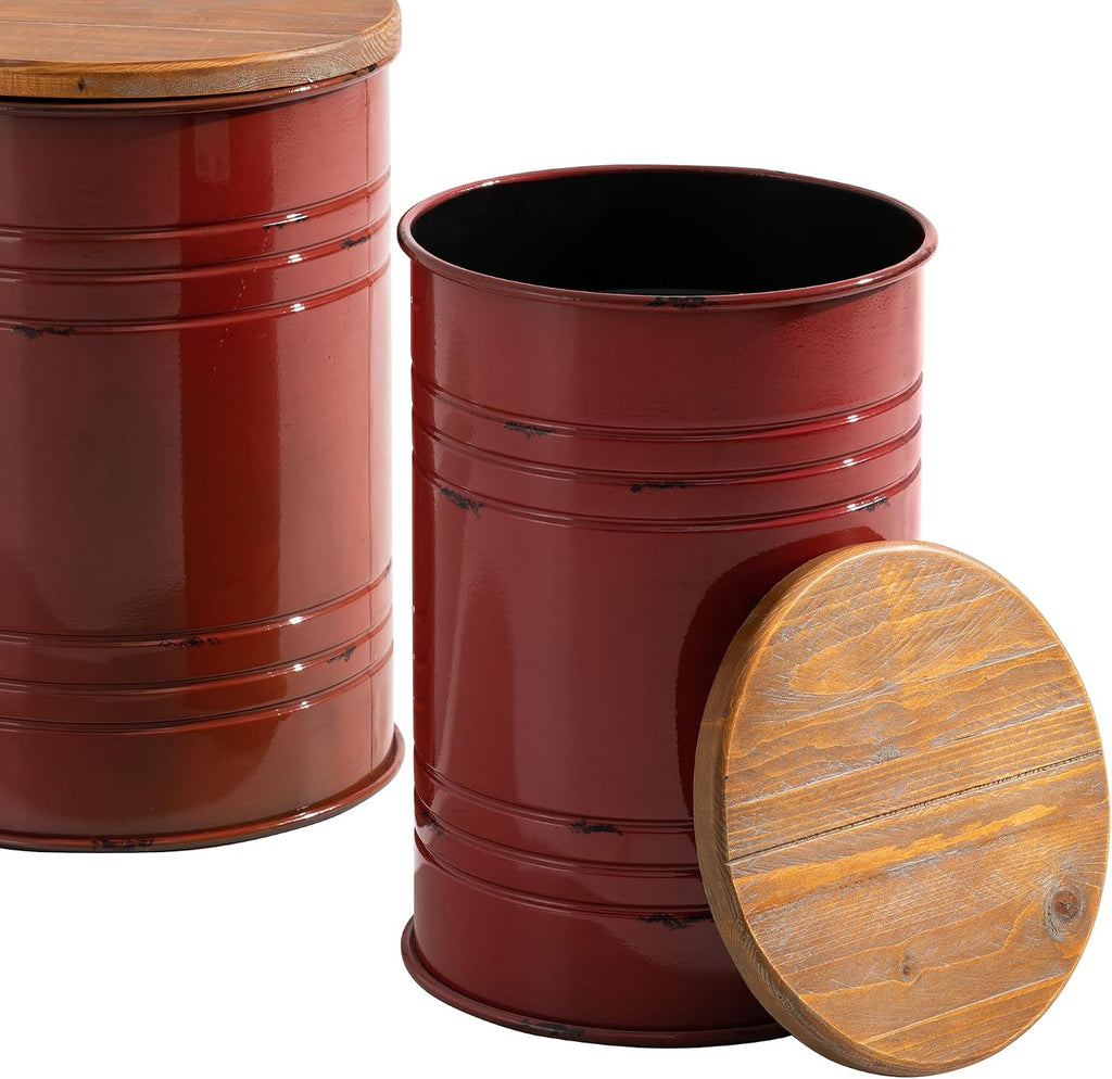 Glitzhome 4-Piece Galvanized Side Table Set, Metal Farmhouse Barrel Toy Box Bins with Round Wood Lid, Rustic Ottoman Seat Stool with Large Storage Space, for Living Room, Bedroom,Red
