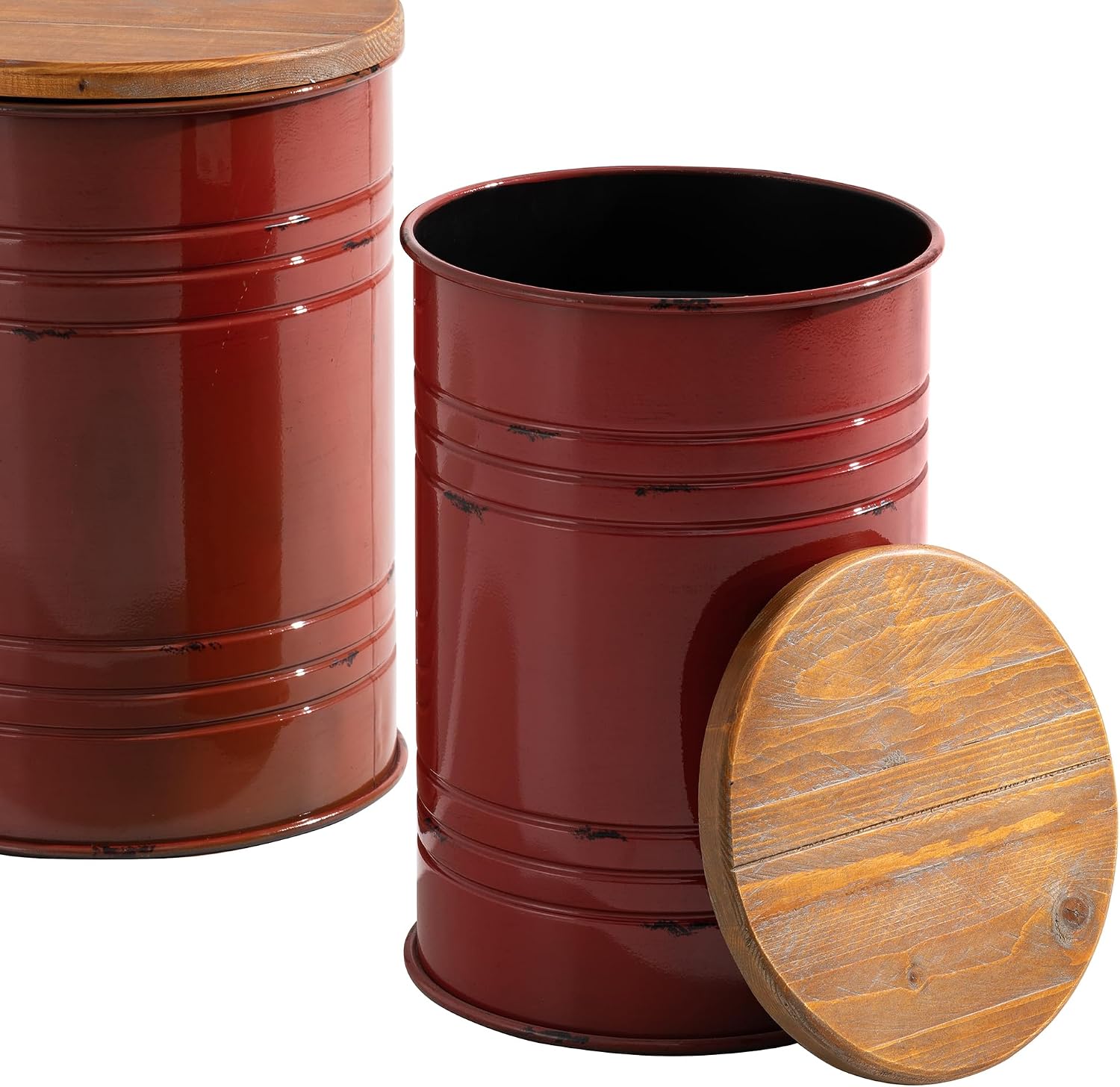 Glitzhome 4-Piece Galvanized Side Table Set, Metal Farmhouse Barrel Toy Box Bins with Round Wood Lid, Rustic Ottoman Seat Stool with Large Storage Space, for Living Room, Bedroom,Red