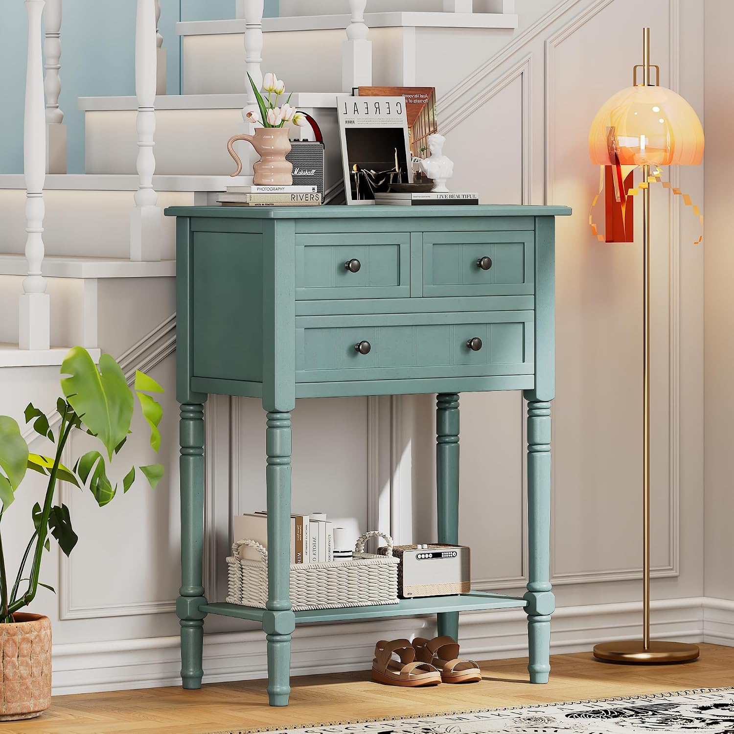 Knocbel Slim Antique Entry Console Table with 3 Drawers & Bottom Open Shelf, Solid Wood Narrow Sofa Couch Table for Entryway Hallway Living Room 23.7' W x 13' D x 31.4' H Light Blue