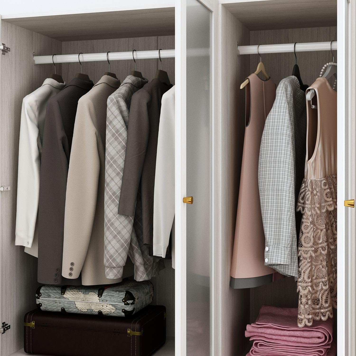 MOUMON Bedroom Armoires with Frosted Glass Doors and Hanging Rod, Wide Modern Wardrobe with Drawers, Large Armoire Wardrobe Closet, Wood Grain 63' W x 19.7' D x 70.9' H