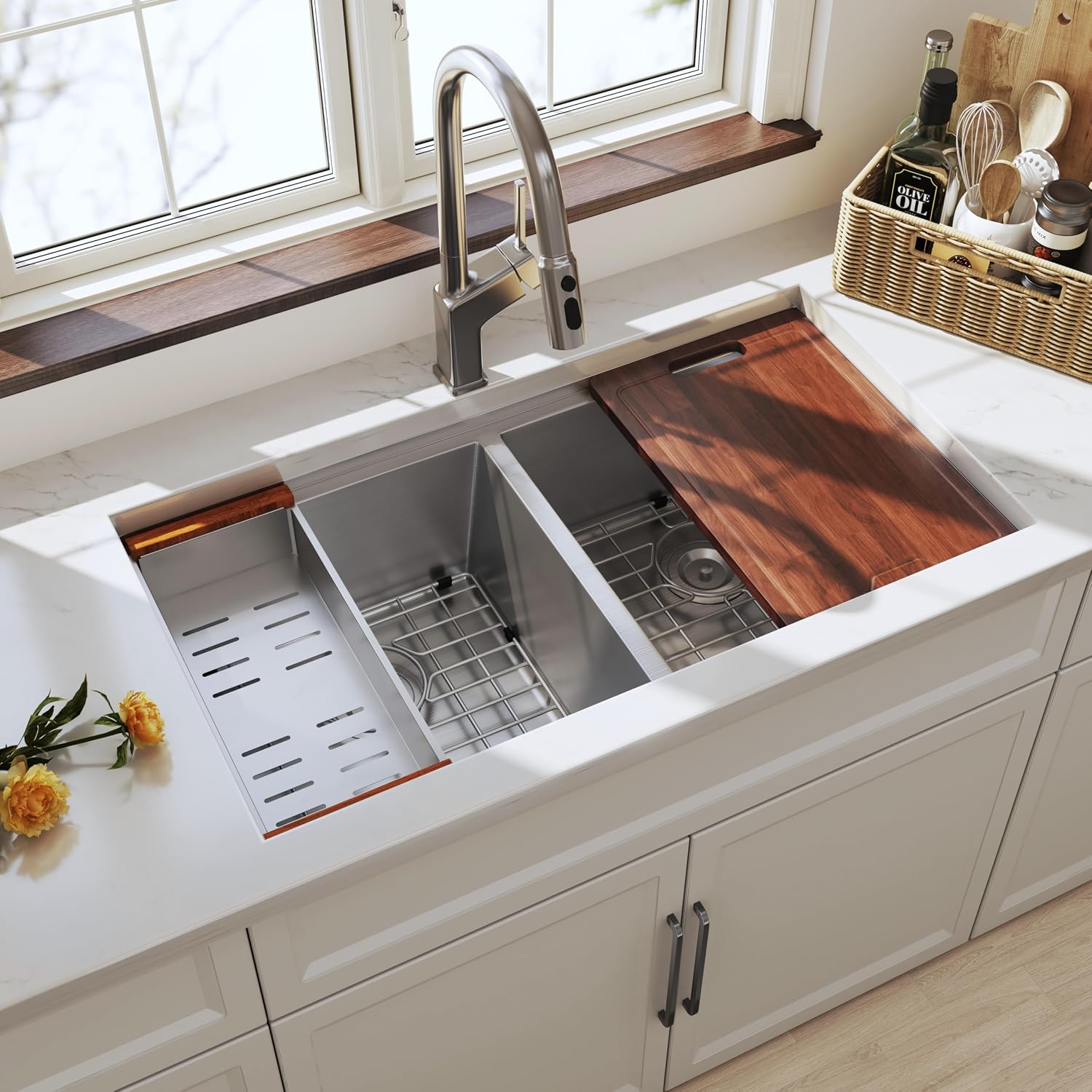 32 Inch Undermount Workstation Handmade Double Bowl Kitchen Sink, 16 Gauge 304 Stainless Steel 50/50 Large Capacity Kitchen Sinks, Ledge and Accessories Included, 32' x 18' x 10'