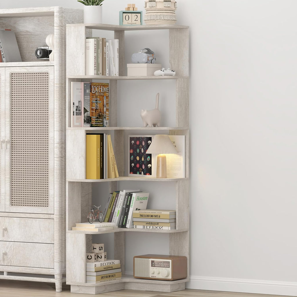 GDFStudio 64.6' Tall L-Shaped Corner Bookshelf, 6-Tier Freestanding Corner Shelf Bookcase with Anti-Drop Panels, Wooden Open Back Display Shelves Organizer for Living Room Bedroom Office, Light Gray