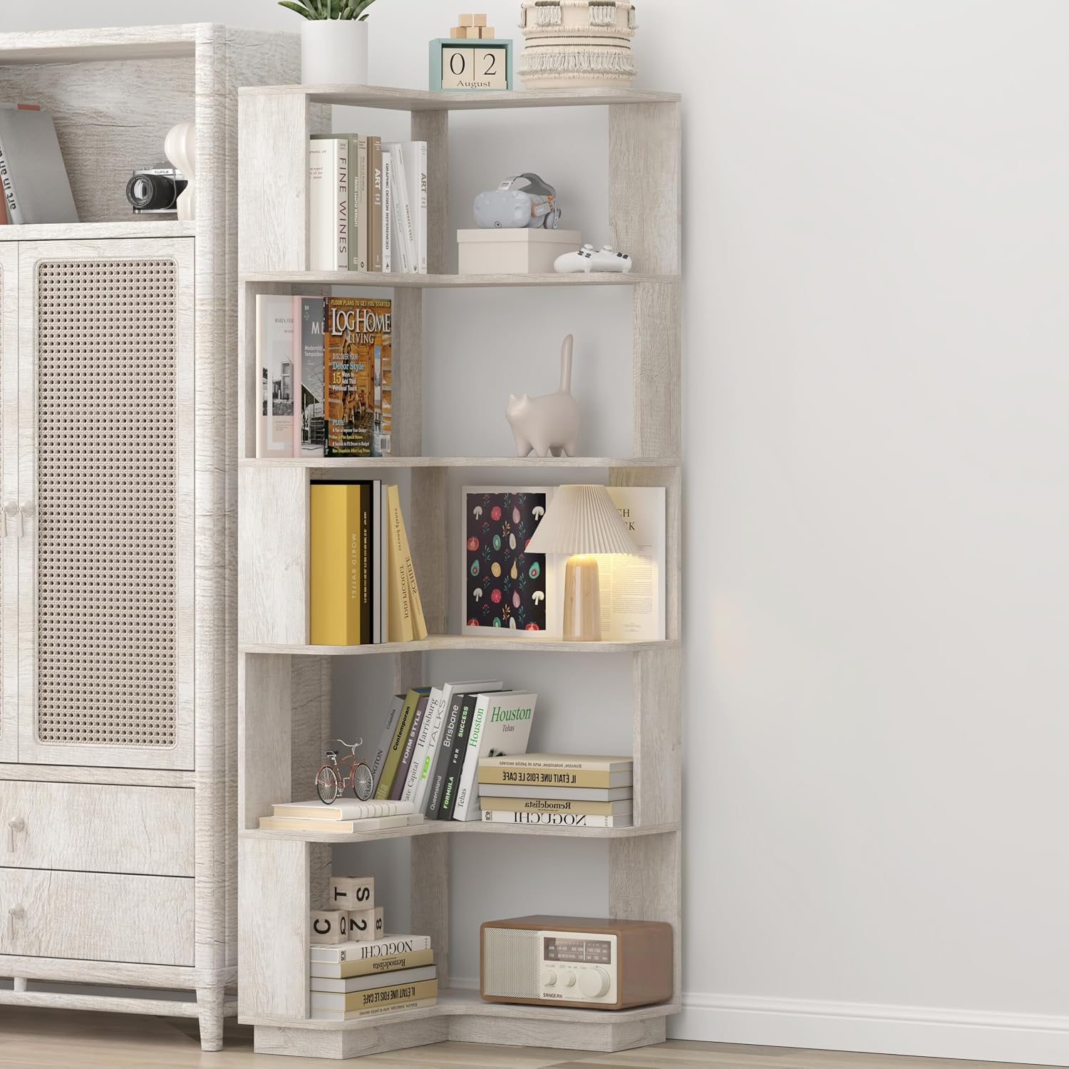 GDFStudio 64.6' Tall L-Shaped Corner Bookshelf, 6-Tier Freestanding Corner Shelf Bookcase with Anti-Drop Panels, Wooden Open Back Display Shelves Organizer for Living Room Bedroom Office, Light Gray
