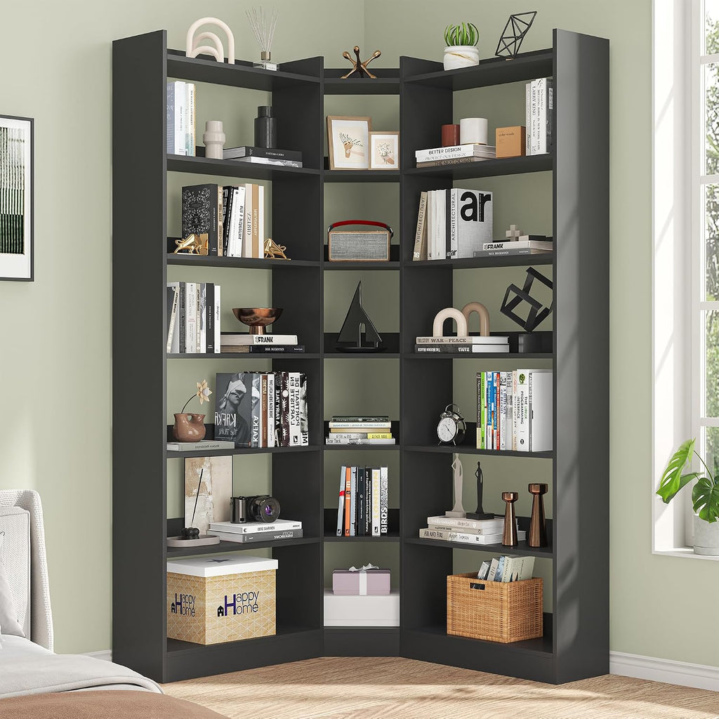 Nosepen 70.8' Tall Corner Bookshelf and Bookcases, 7 Tiers Morden Large Etagere Bookcases Storage Display Rack with Baffle, Industrial L-Shaped Bookshelves for Bedroom, Home Office, Living Room, Black