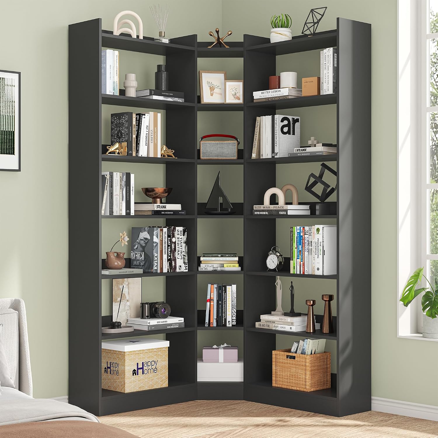 Nosepen 70.8' Tall Corner Bookshelf and Bookcases, 7 Tiers Morden Large Etagere Bookcases Storage Display Rack with Baffle, Industrial L-Shaped Bookshelves for Bedroom, Home Office, Living Room, Black