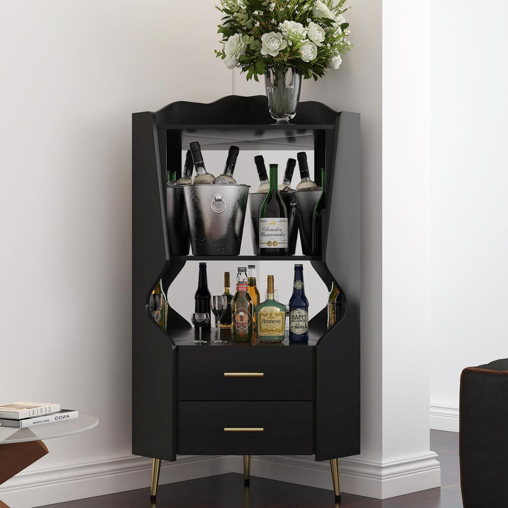 GDFStudio Wooden Corner Shelf Cabinet, Mirrored Back Coffee Bar Cabinets with Drawers & Open Storage, High Feet Corner Wine Rack Liquor Stand Kitchen Storage Cabinet for Living Room Dining Room, Black