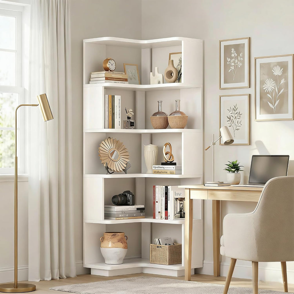 Wooden 5 Tier L-Shaped Corner Bookshelf - 65' Tall Solid Wood Corner Book Shelves for Space Saving, Bookcase Open Display Shelf with Baffle for Home Office, Living Room, Bedroom, Kitchen, White