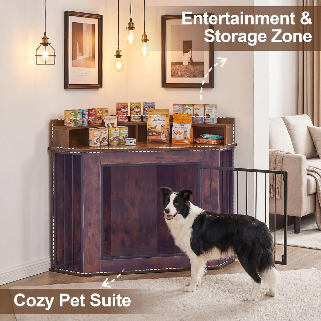 Corner Dog Crate Furniture for Small, Medium Dogs | Heavy Duty Wooden Kennel, 2-Tier Storage Shelves, Anti-Chew Design, Space-Saving, Indoor Use as TV Stand or End Table