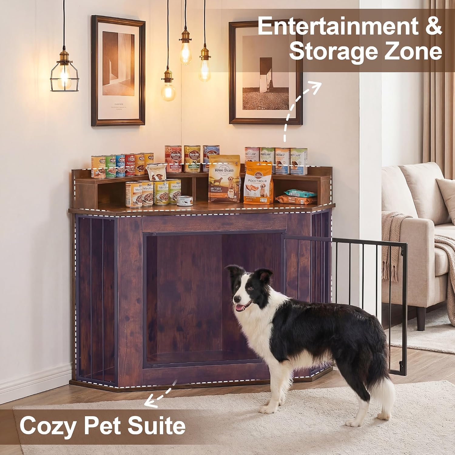Corner Dog Crate Furniture for Small, Medium Dogs | Heavy Duty Wooden Kennel, 2-Tier Storage Shelves, Anti-Chew Design, Space-Saving, Indoor Use as TV Stand or End Table