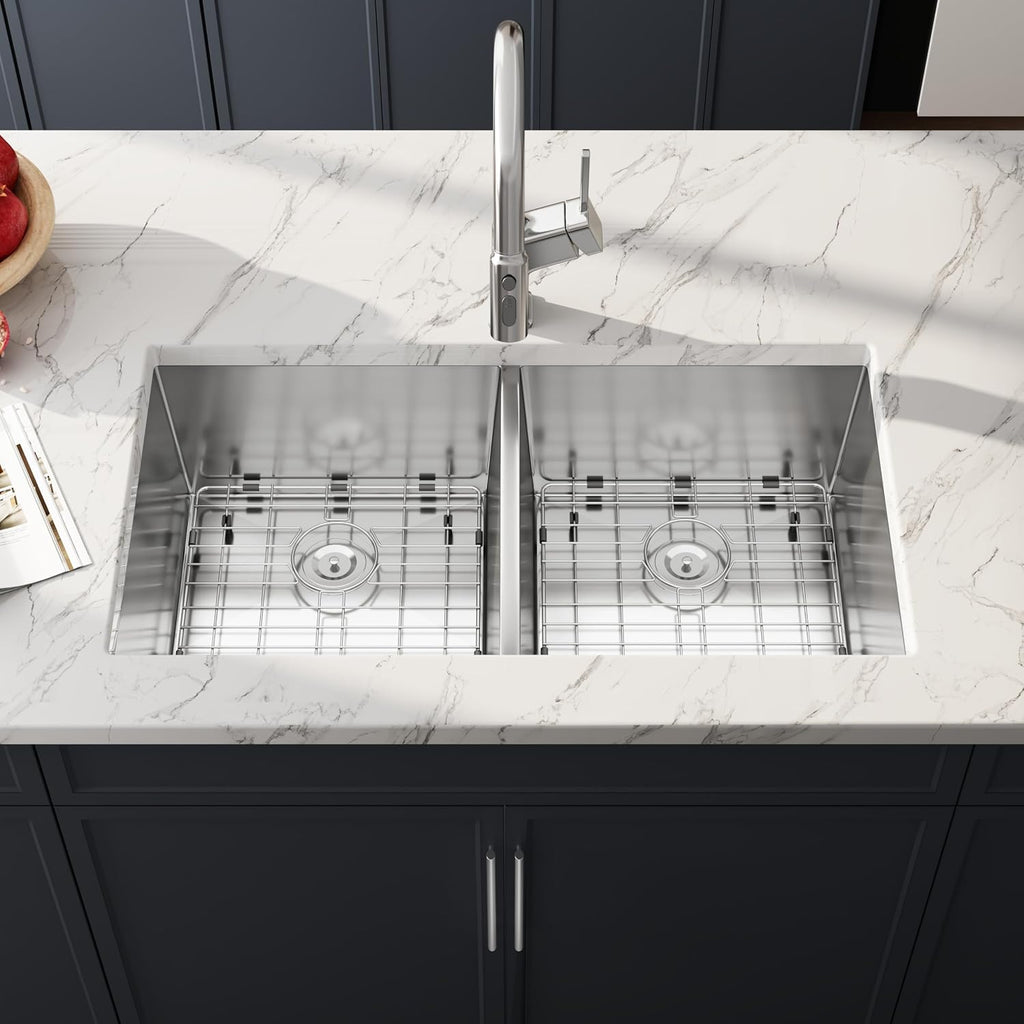 32 Inch Undermount 50/50 Double Bowl Kitchen Sink, 16 Gauge 304 Stainless Steel Handmade Large Capacity Deep Kitchen Sinks, Strainer and Grid Included, 32' x 19' x 10'