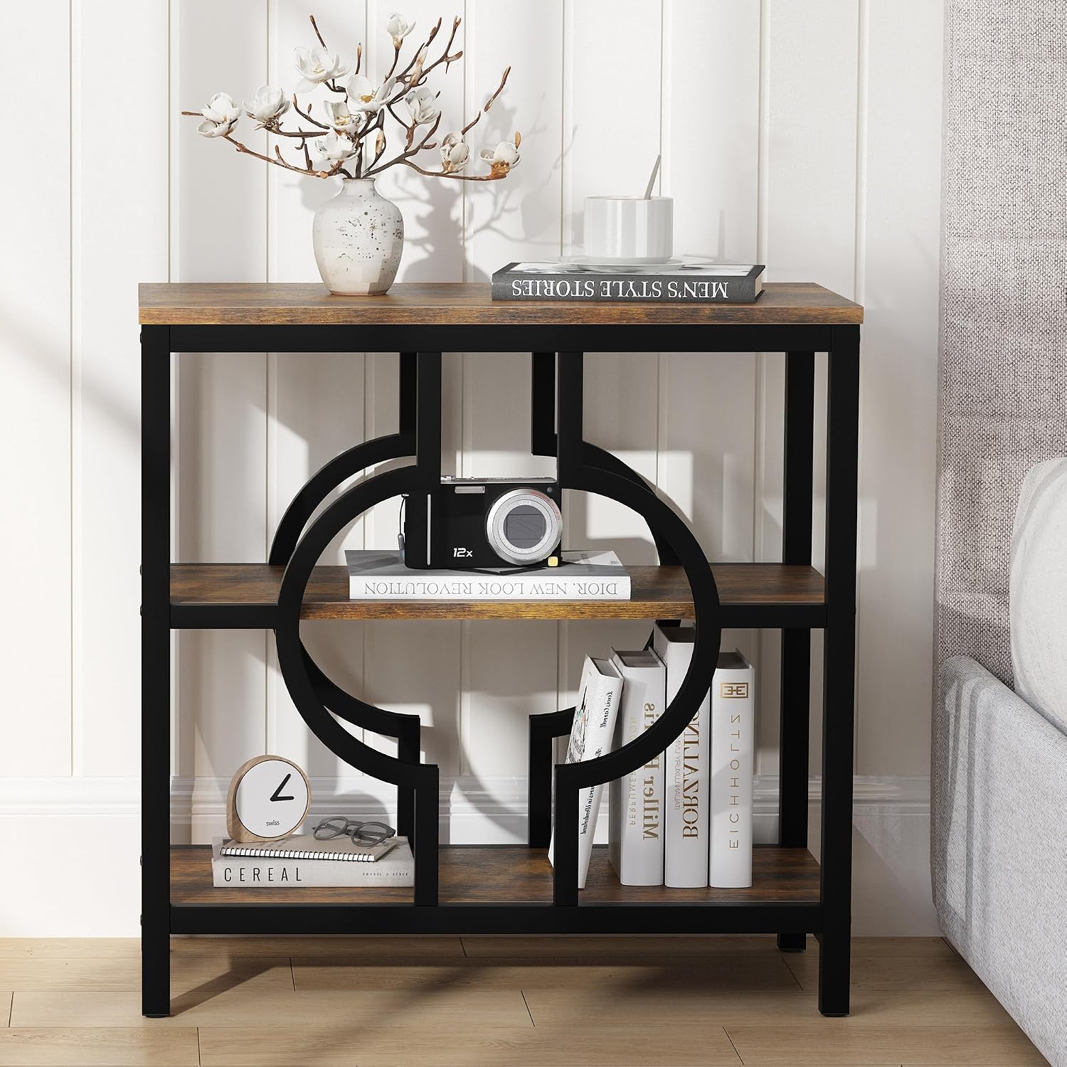 End Table Set of 2, Narrow Side Table with 3-Tier Storage Shelves, Wood Sofa Side Table with Geometric Metal Frame for Living Room, Industrial Bedside Nightstand for Bedroom (Brown)