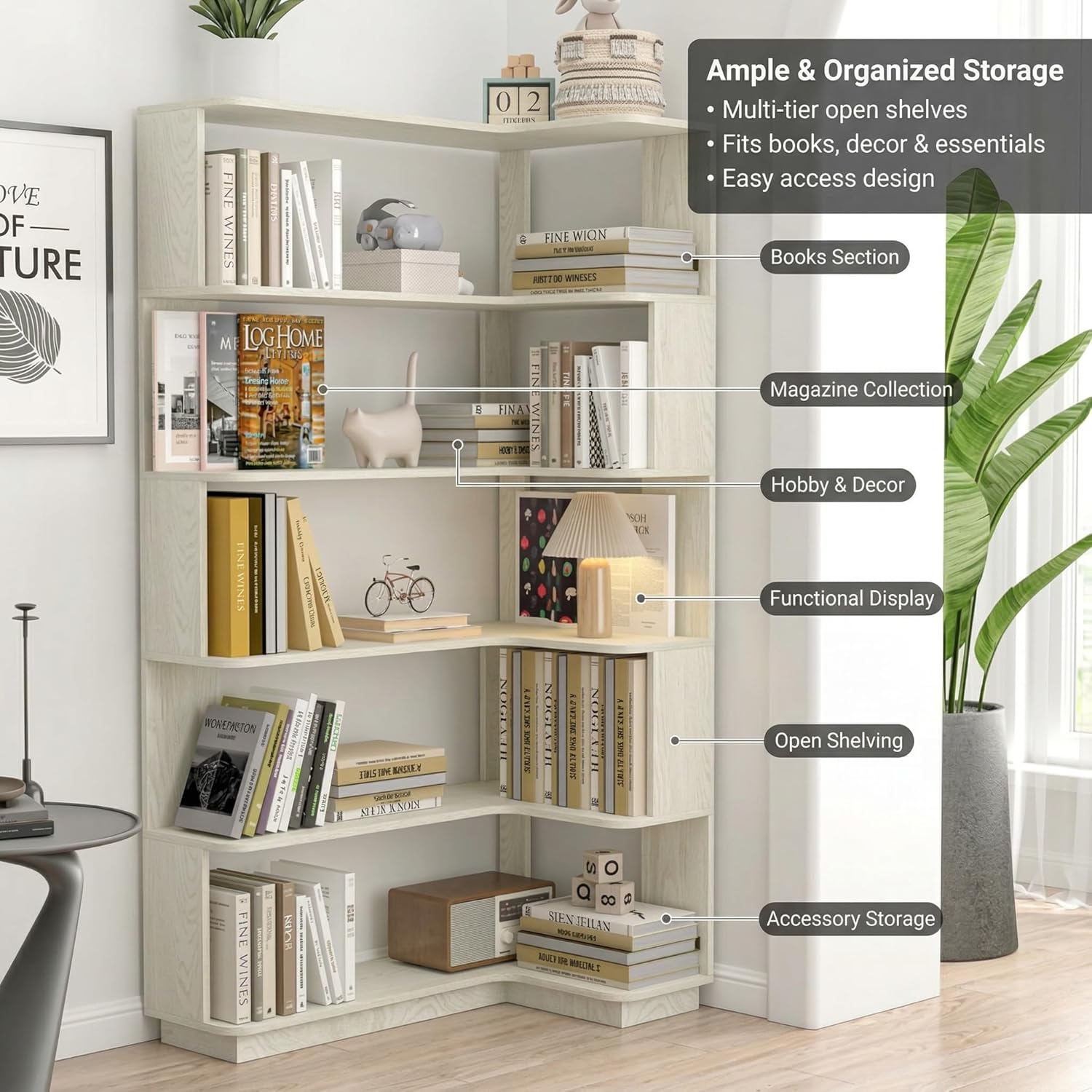 6 Tier Corner Bookshelf, Freestanding L-Shaped Wooden Bookcase with Open Shelves, Anti-Fall Panels and Anti-Tipping Device for Living Room, Home Office (White with Left Extension)