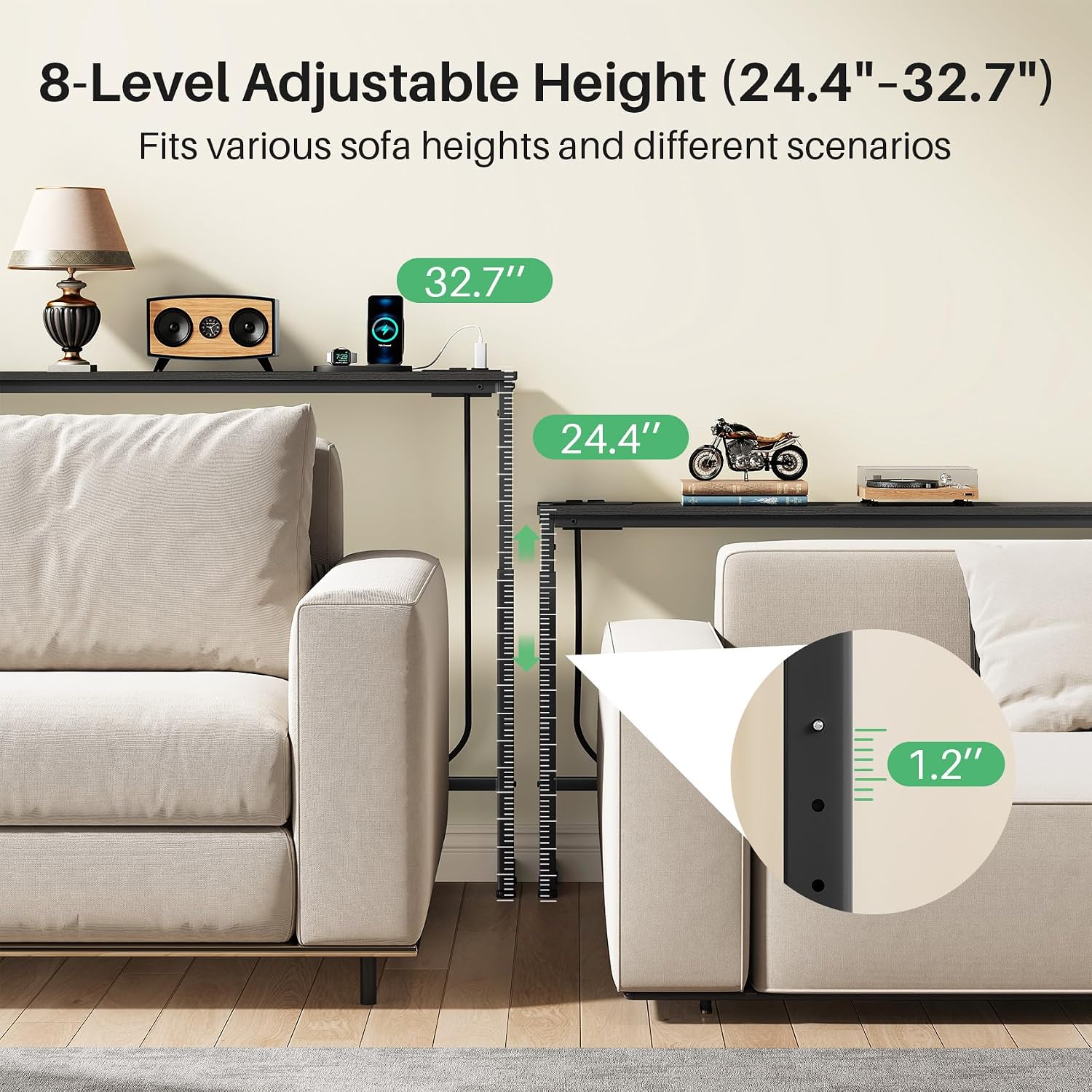 Kitstorack 2-Pack Black Console Table, 7.9' Deep Panel, Adjustable Height (25'-33') & with 2 Power Outlets, Behind Sofa Couch Table, Use Together or Separately - 78.8' Total Long