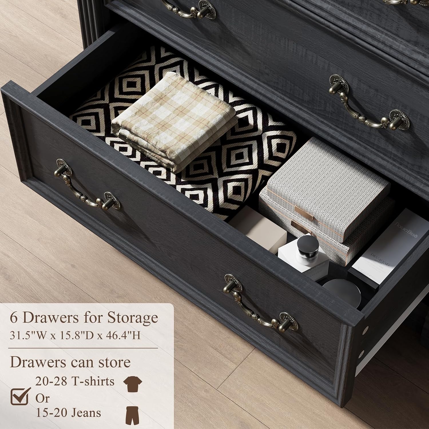 Black Dresser for Bedroom, 47' Tall Dresser for Bedroom, Wood Rustic Chest of Drawers with Chic Wood Pilasters, Farmhouse Dressers Organizer for Bedroom, Hallway