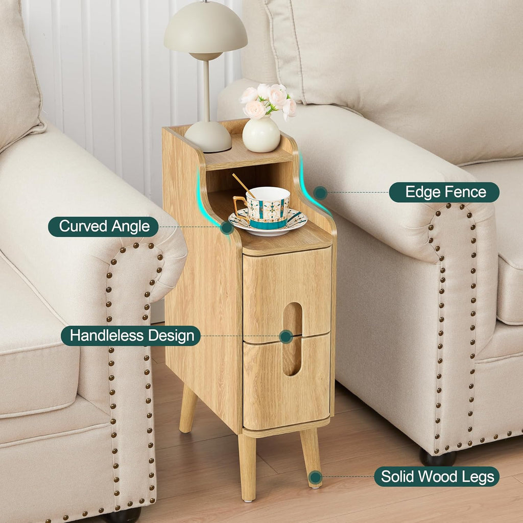 Small Nightstand Set of 2, Wood 2 Drawer Narrow Nightstand, Slim Side Table, Modern Skinny End Bedside Table, Natural Wood Night Stand with Drawers for Bedroom (Natural-2 pcs)