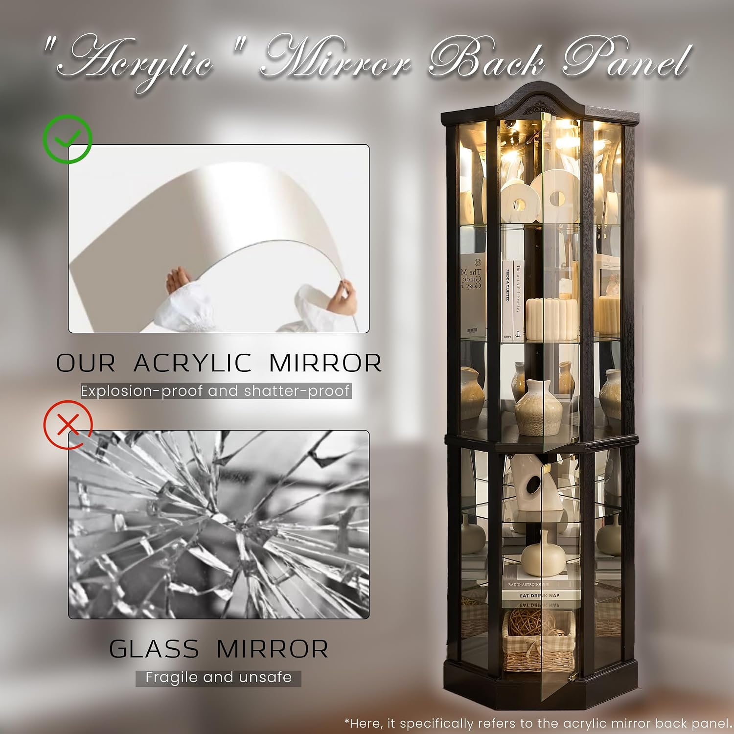 72' H Lighted Corner Curio Cabinet, Wooden Curio Cabinet with Tempered Glass Doors, 6-Tier Shelves Corner Cabinet with Glass, Liquor Display Storage Rack for Living Room(Black)