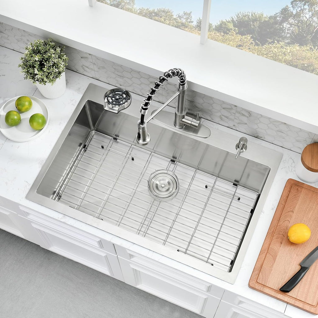 30 Inch Drop In Kitchen Sink with Faucet Combo - Stainless Steel Drop In Sink with Cup Washer, 9 Inch Deep Single Bowl Kitchen Sinks and Faucets Combo Set,Top Mount Design for Modern Kitchens