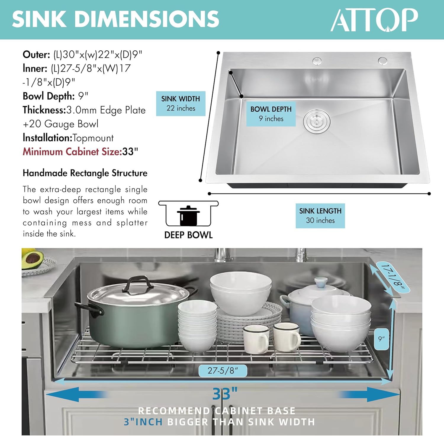 ATTOP 30 Inch Drop in Large Single Bowl Kitchen Sink, Nano Coating Stainless Steel Handmade Single Bowl Topmount Kitchen Sink