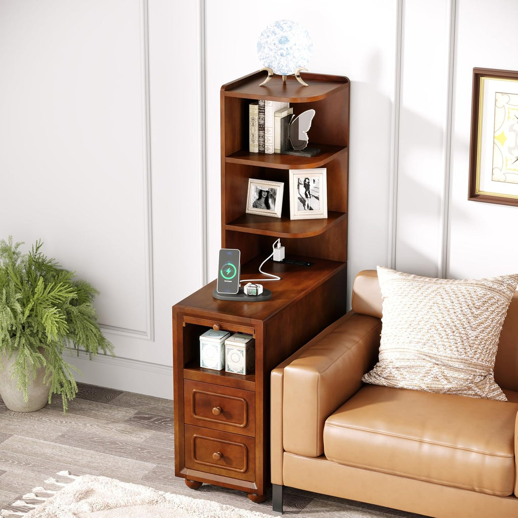 Solid Wood End Table with Charging Station and Reversible Corner Shelves, Tall Narrow Side Table with Drawers, USB Ports and Outlets for Living Room and Bedroom, Walnut