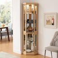 69' H Lighted Corner Curio Cabinet, 5-Tier Curio Glass Display Cabinet w/Door & Adjustable Glass Shelves, Wooden Display Showcase Corner Storage Cabinet for Living Room (Light Oak)
