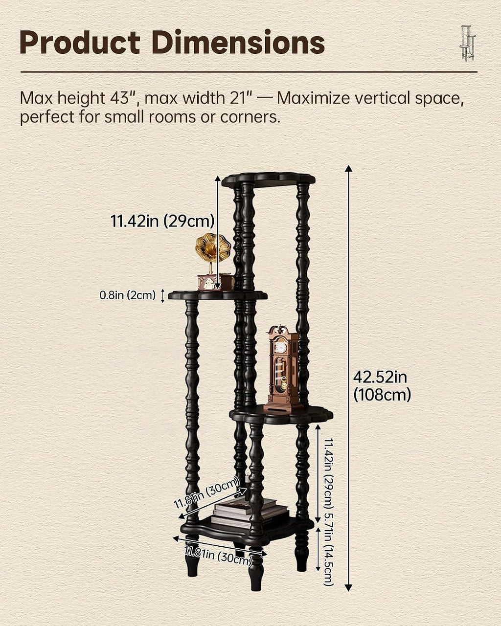 Vintage Corner Shelf 4-Tier, Solid Wood Display Shelf Mid Century, Unique Handcrafted Antique Display Rack, Freestanding Corner Bookshelf with Spindle Legs for Living Room Bedroom, Black