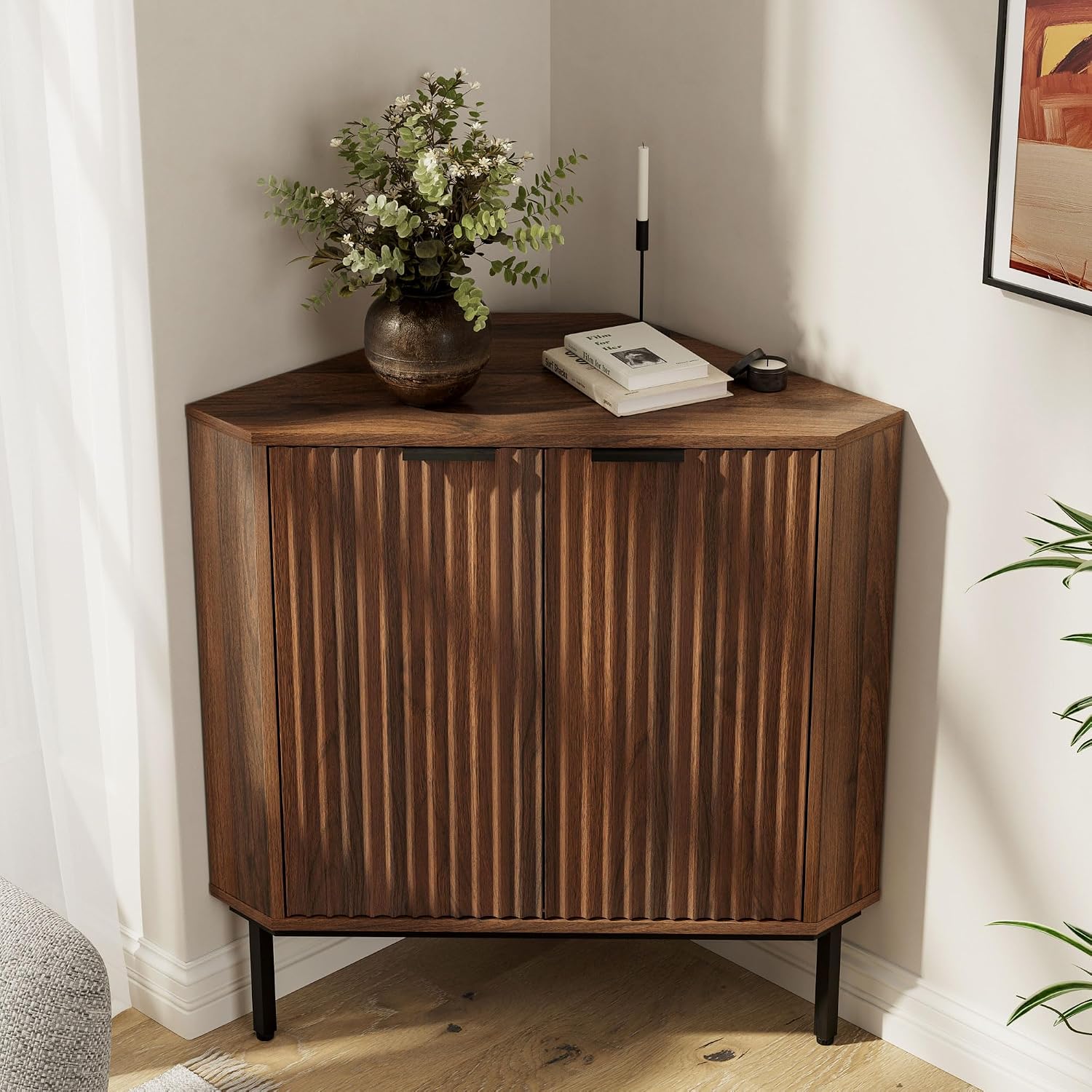 Fluted Corner Cabinet, Modern Small Floor Storage Cabinet with Adjustable Shelf, Wood Freestanding Narrow Organizer for Living Room Kitchen, Brown