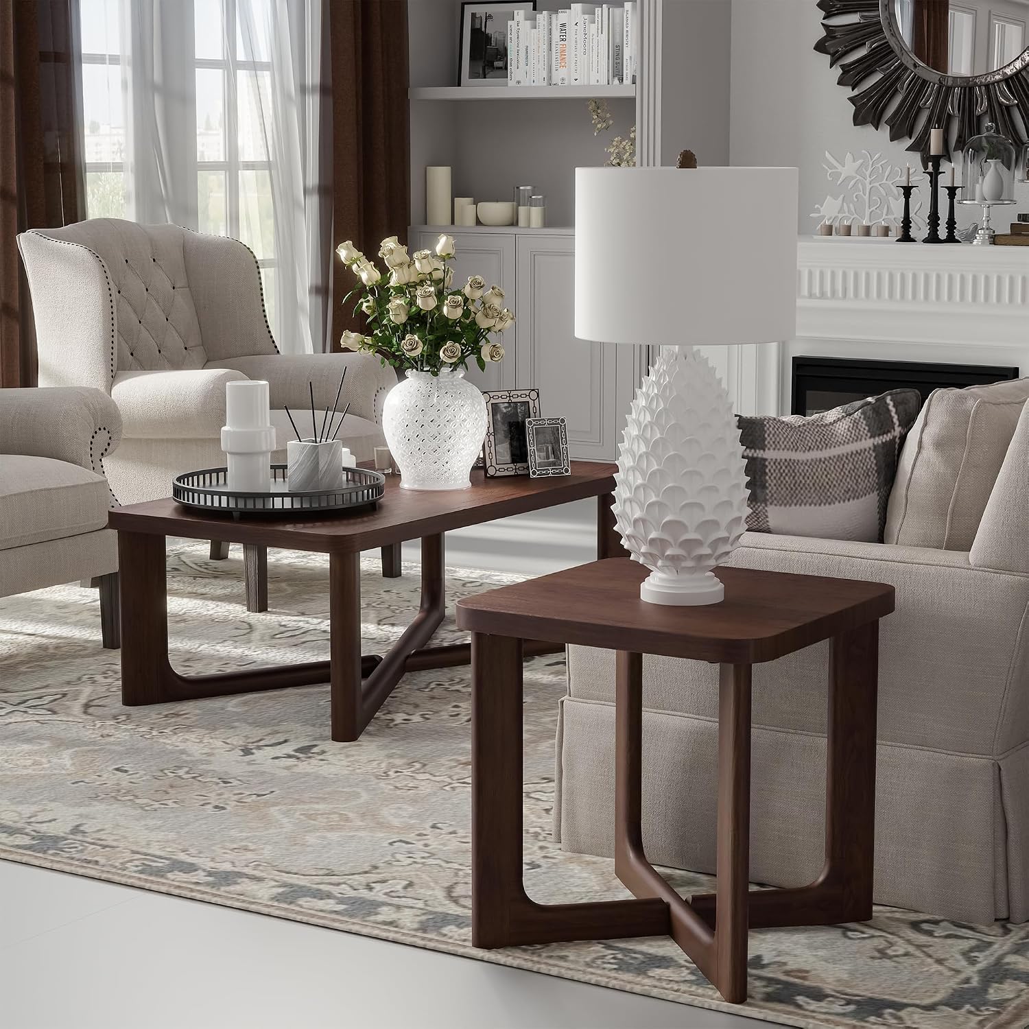 Casaphoria 24' End Side Table, Solid Wood Sofa Table with Cross Sturdy Legs, Slim Beside Table, Nightstand Telephone Table for Bedroom, Living Room, Restaurant, Small Spaces, Walnut