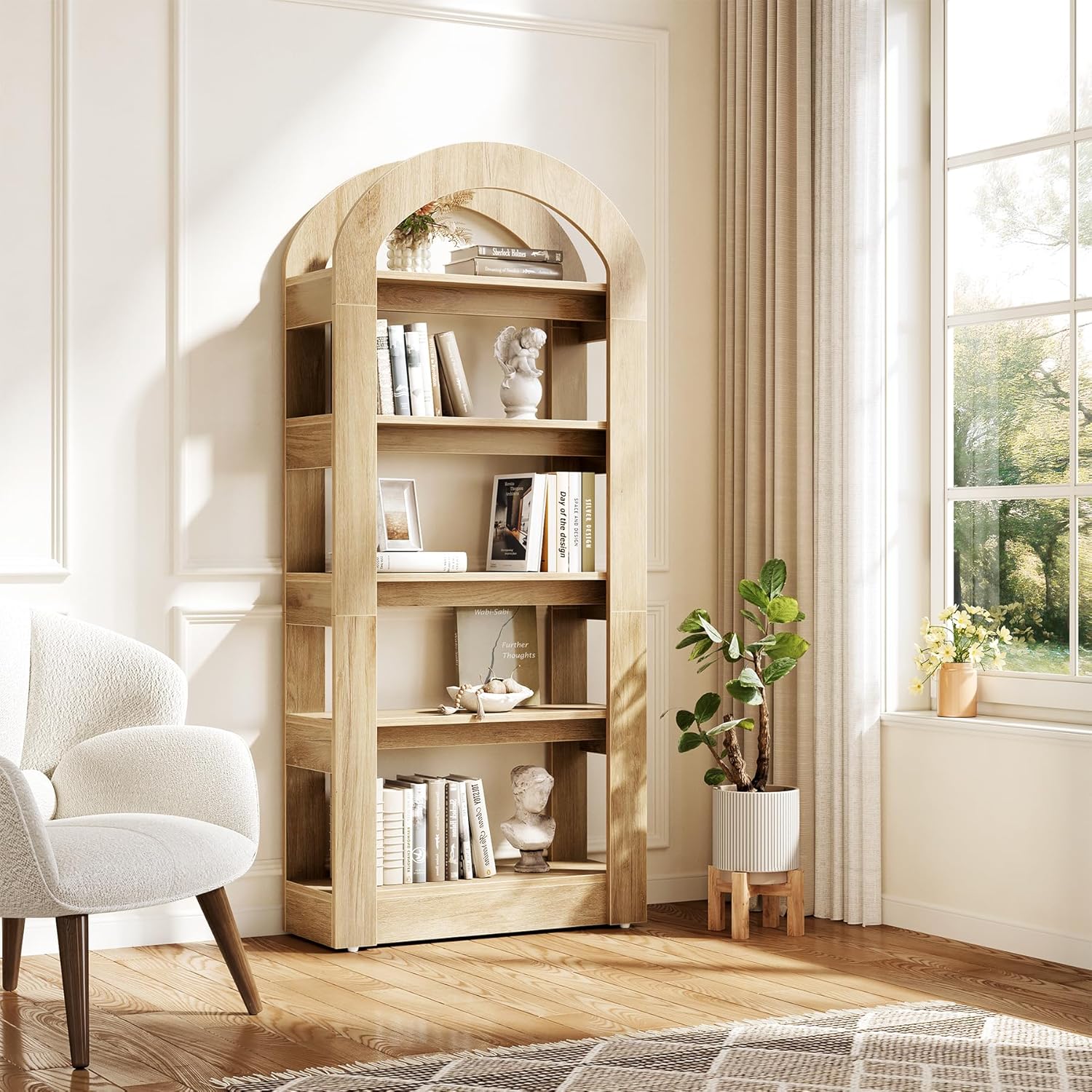 LITTLE TREE 5-Tier Bookshelf, Arch-Shaped Racks, Tall Standing Wooden Bookcase Display Shelf Modern Storage Solution (2, Teak Color)