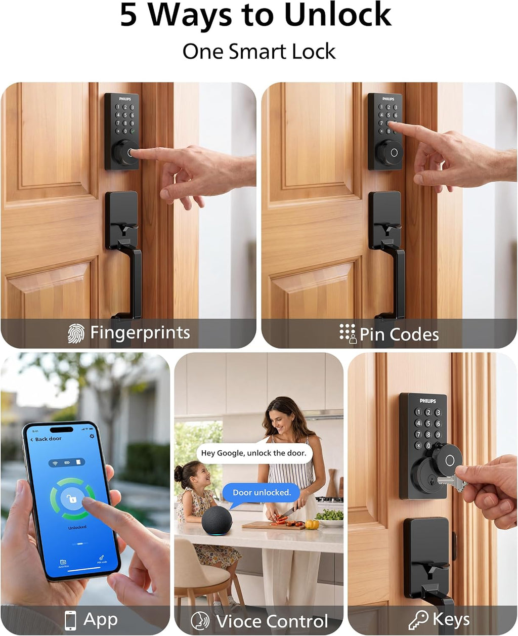 Philips Wi-Fi Smart Door Lock with Handle Set, Keypad Deadbolt for Front Door, Fingerprint Keyless Entry Door Lock with App Remote Control, IP53 Waterproof, Auto Lock, Security Easy Installation
