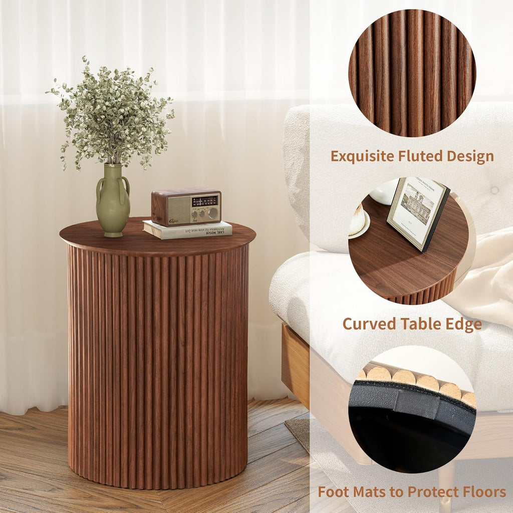 AVZEAR Small Round Side Table Fluted Night Stand Set of 2, 17.7' Mid Century Modern End Table, Circle Bedside Tables Wood Nightstands for Small Spaces, Living Room, Bedroom (Rustic Walnut)