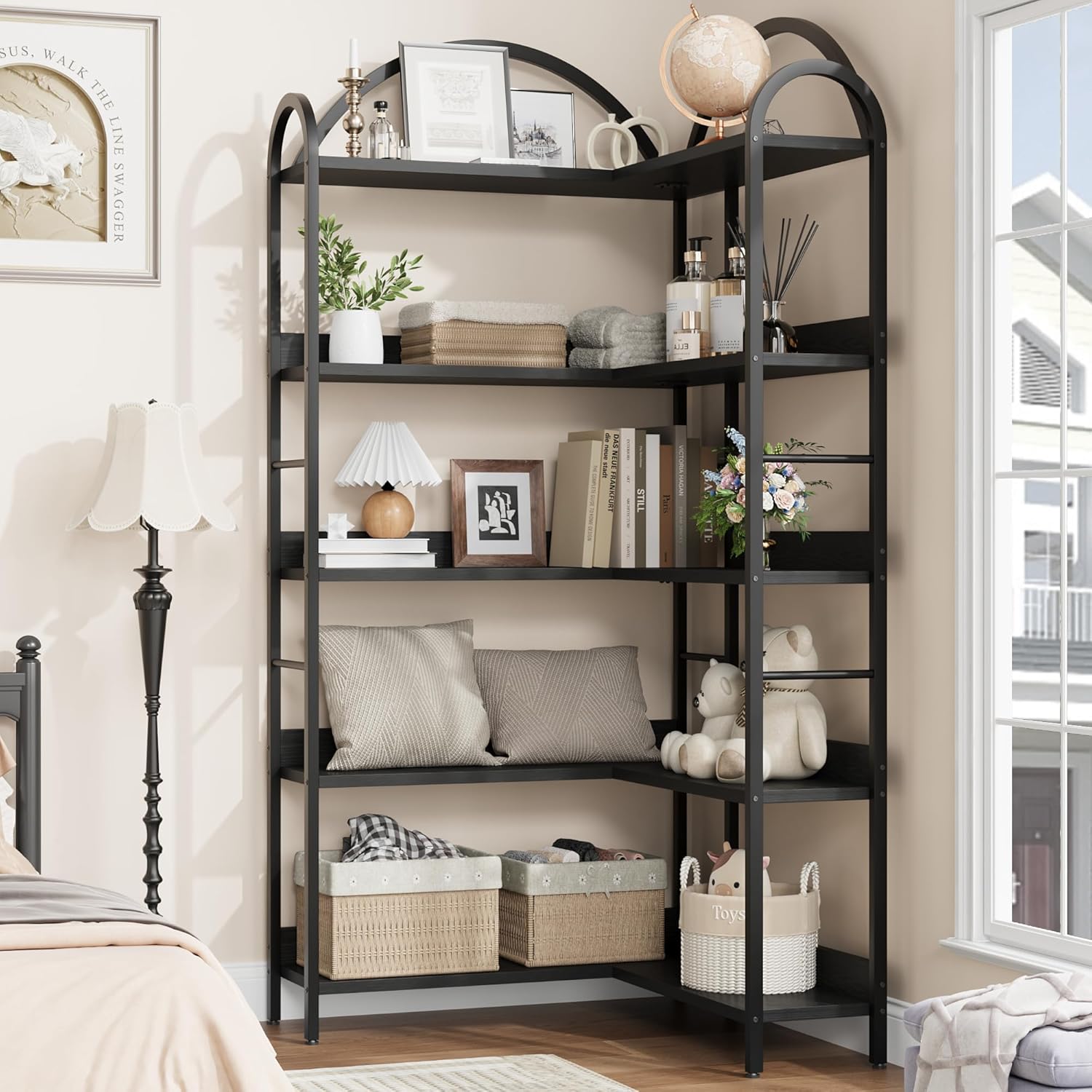 GarveeHome Arched Bookshelf Corner Bookcase, L Shaped Bookshelf Industrial Corner Bookshelves, Large Bookcase with Metal Frame, Corner Shelf Arch Display Rack for Living Room Bedroom