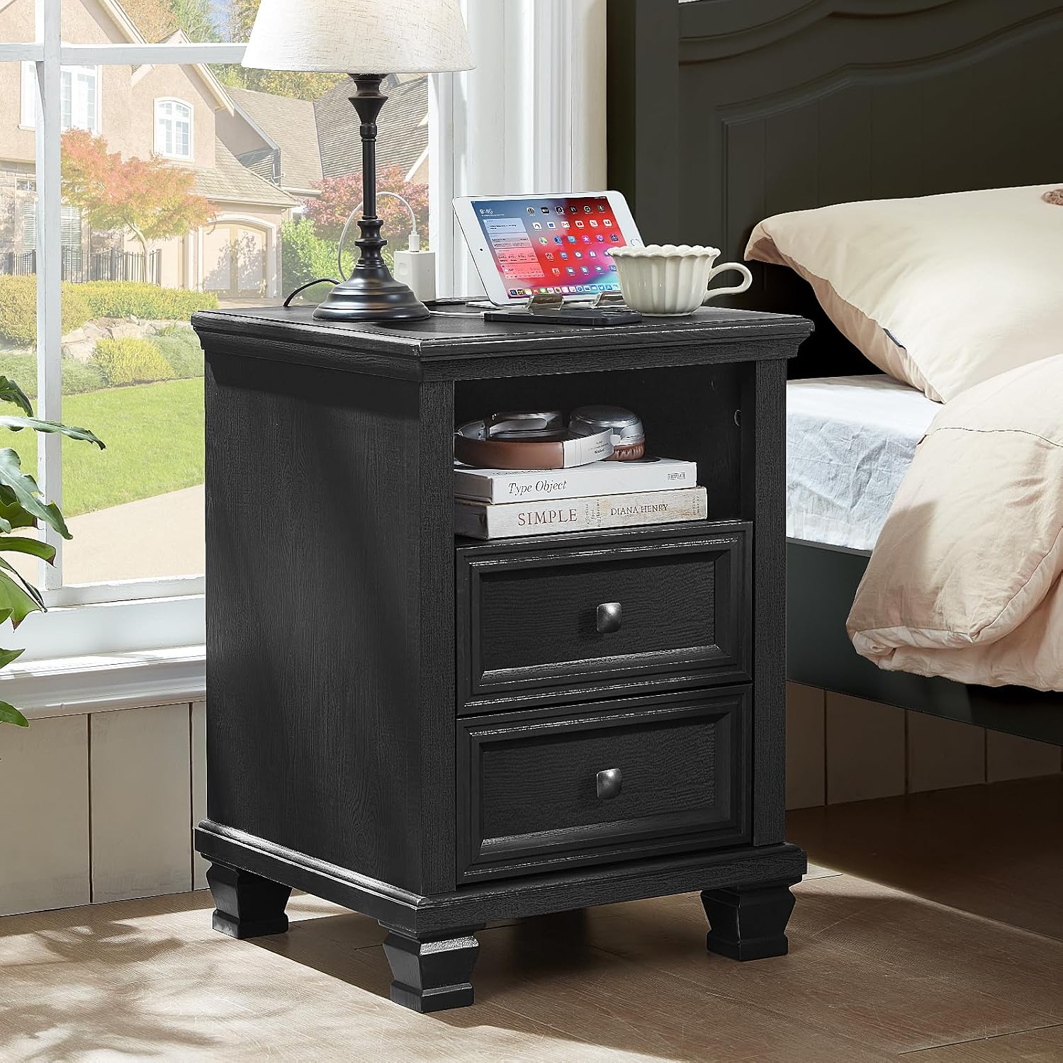 SAVOR LIFE Farmhouse Nightstand Set of 2 with Charging Station, Rustic Black Nightstand with Drawers, Bedside Table with Open Shelf for Bedroom, Black