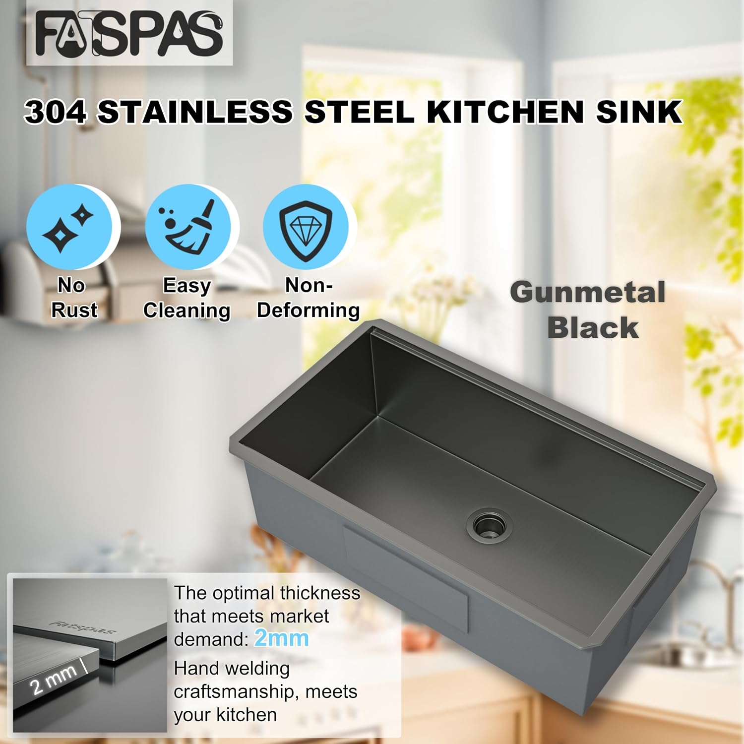 33 Inch Single Bowl Drop In Kitchen Sink, Stainless Steel Kitchen Sink Large Farmhouse Workstation Sinks with Faucet, Single Bowl Topmount Sink, Gunmetal Black