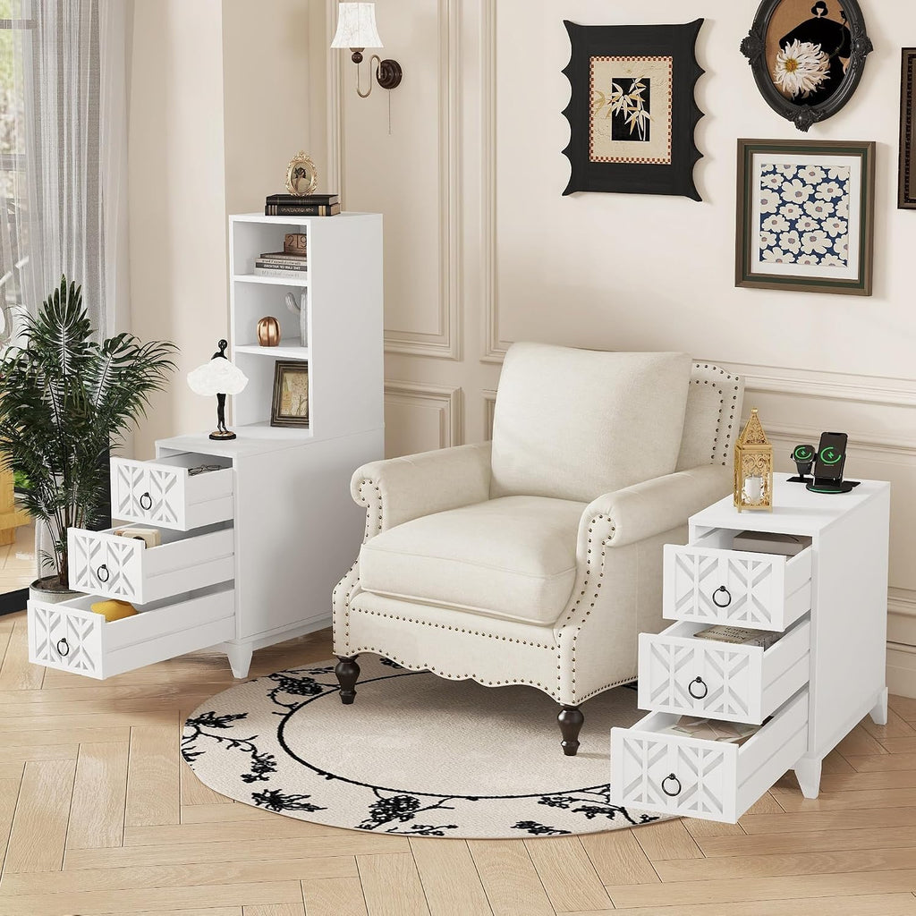 End Table with 3 Drawers & 2 Adjustable Shelves,Corner Table with USB & AC Charge Station,X-Shaped Carved Front,Solid Wood Frame,Tall Narrow Side Tables for Bedroom,Living Room,Small Space,White
