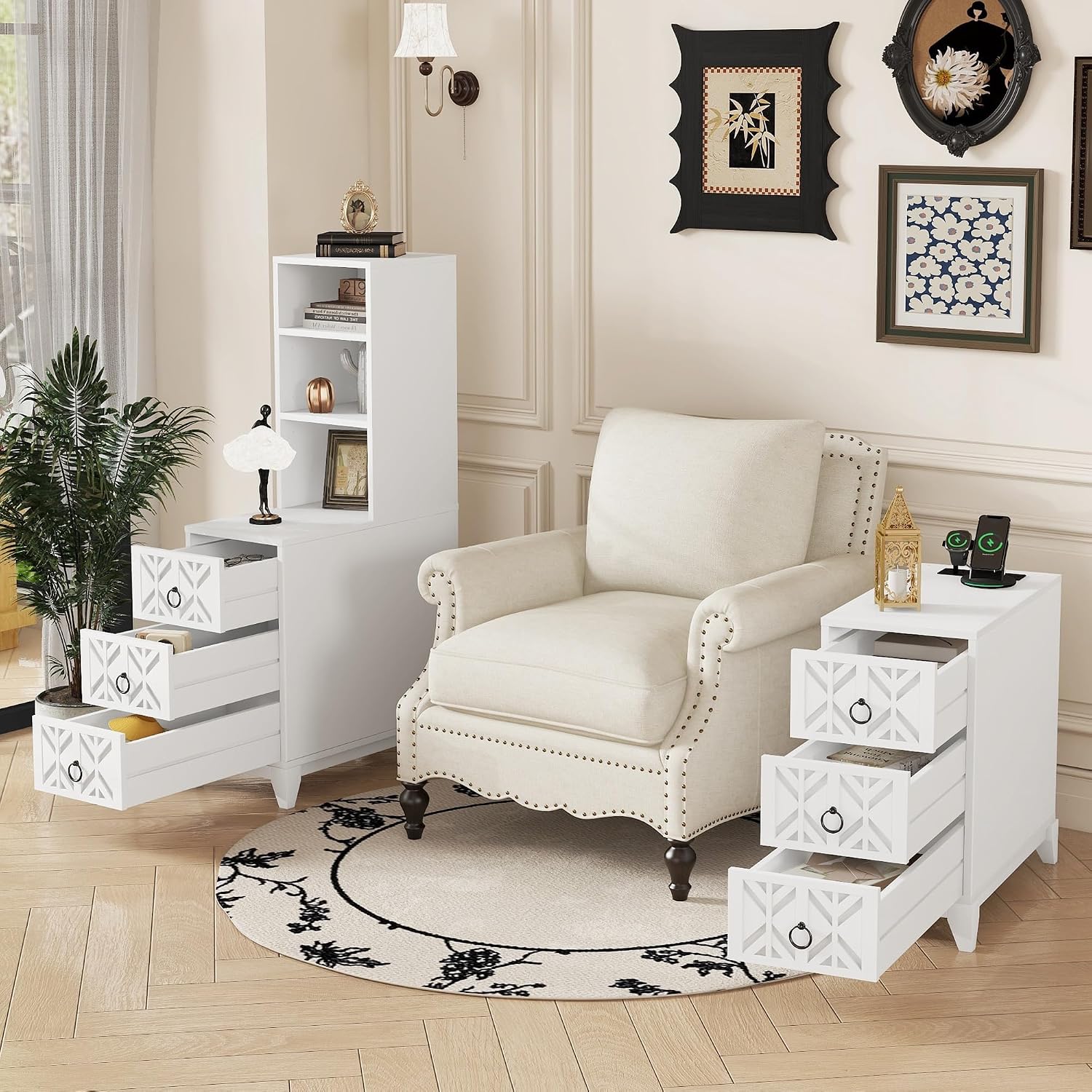 End Table with 3 Drawers & 2 Adjustable Shelves,Corner Table with USB & AC Charge Station,X-Shaped Carved Front,Solid Wood Frame,Tall Narrow Side Tables for Bedroom,Living Room,Small Space,White