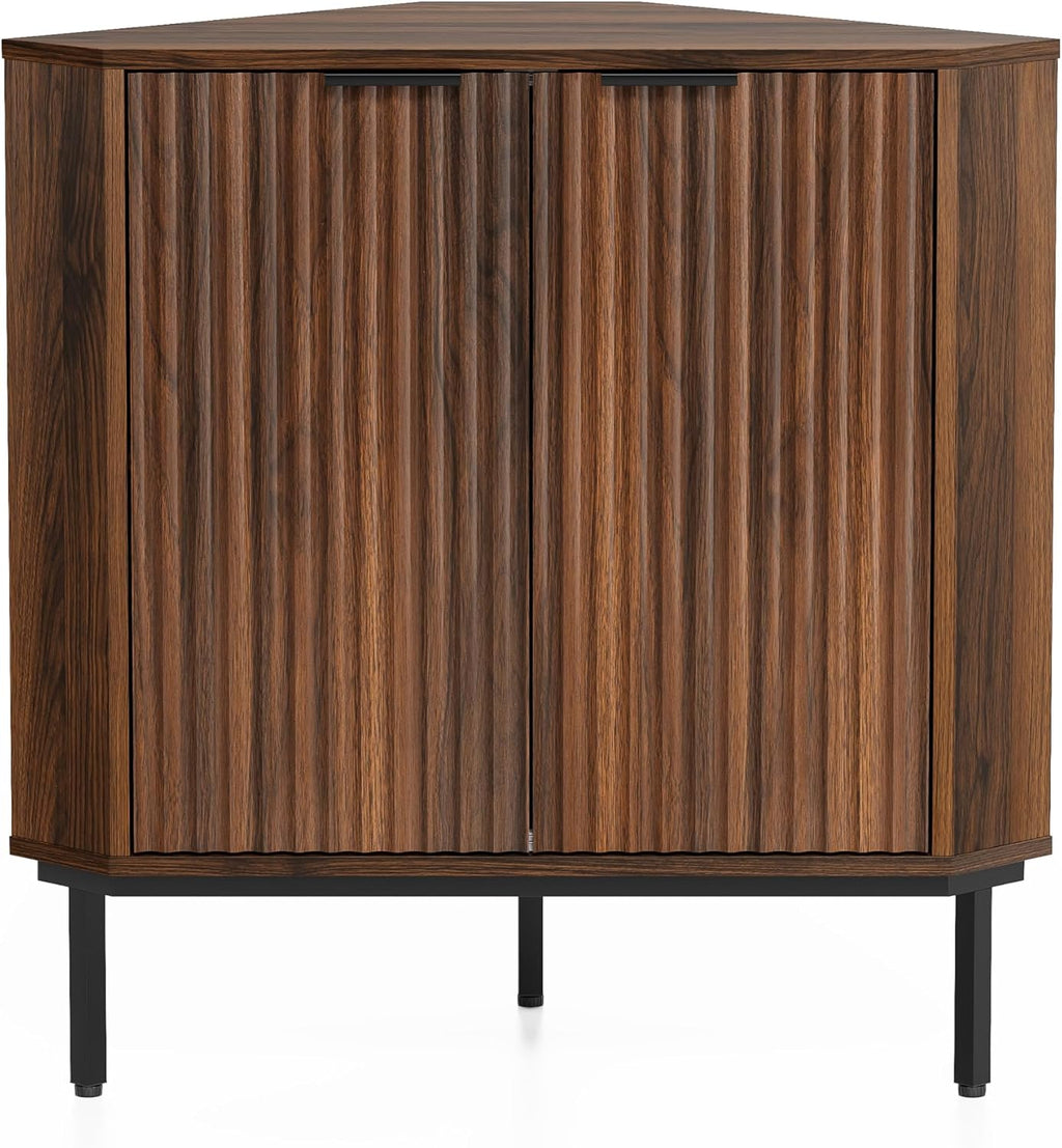 Fluted Corner Cabinet, Modern Small Floor Storage Cabinet with Adjustable Shelf, Wood Freestanding Narrow Organizer for Living Room Kitchen, Brown