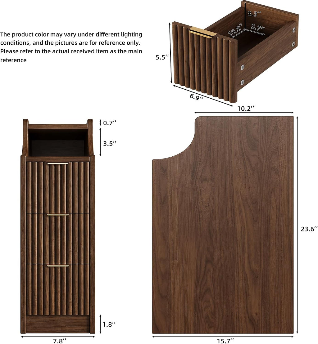 7.9' W Narrow Fluted Nightstand Set of 2,Slim Side End Table with 3 Drawers,Modern Bedside Table,Skinny Night Stand for Bedroom, Livingroom,Small Space
