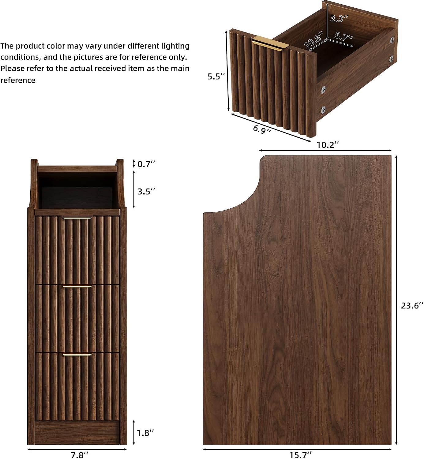 7.9' W Narrow Fluted Nightstand Set of 2,Slim Side End Table with 3 Drawers,Modern Bedside Table,Skinny Night Stand for Bedroom, Livingroom,Small Space