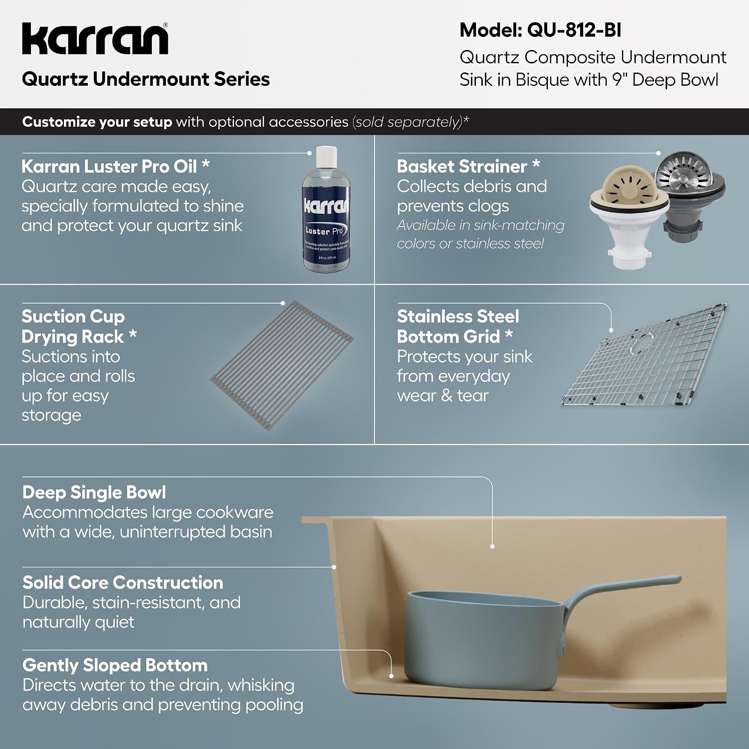 Karran Undermount 33' Large Single Bowl Granite Quartz Composite Kitchen Sink in Bisque – Extra Deep 9' Basin, Heat & Scratch Resistant, Sound Dampening, Rear Drain – QU-812