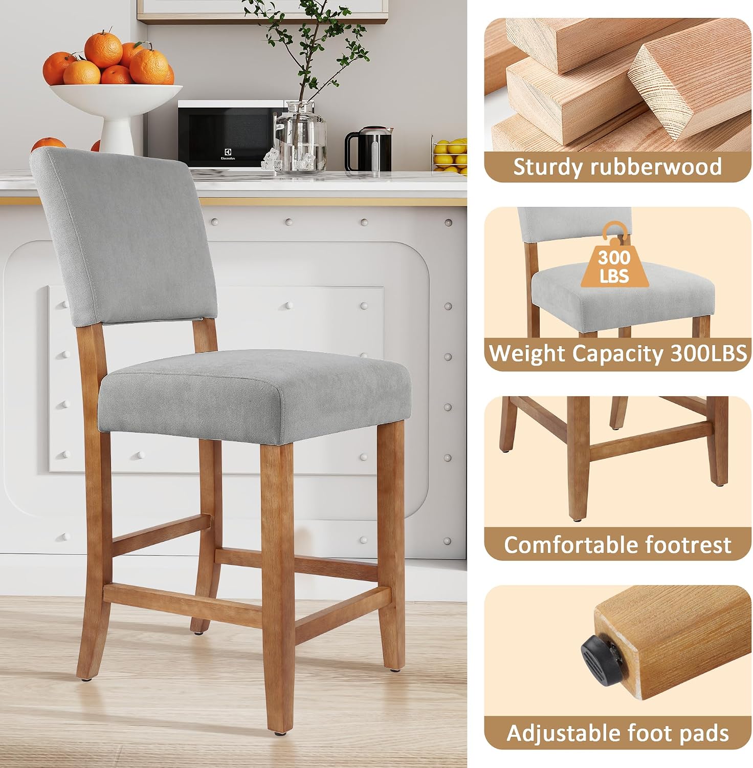 DAGONHIL 24 Inch Counter Height Bar Stools Upholstered Bar,Towel Cloth Fabric Solid Wood Bar Stool (Set of 2 Light Grey)