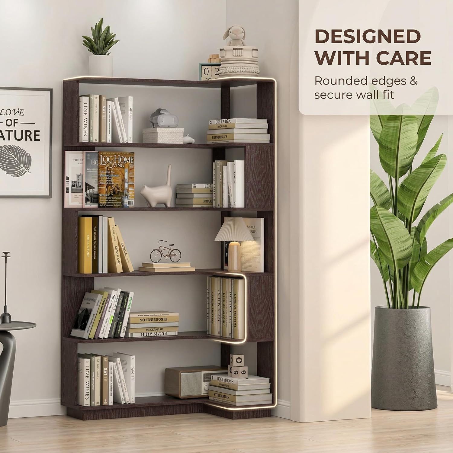 6 Tier Corner Bookshelf, Freestanding L-Shaped Wooden Bookcase with Open Shelves, Anti-Fall Panels and Anti-Tipping Device for Living Room, Home Office (Ox Blood Red with Left Extension)