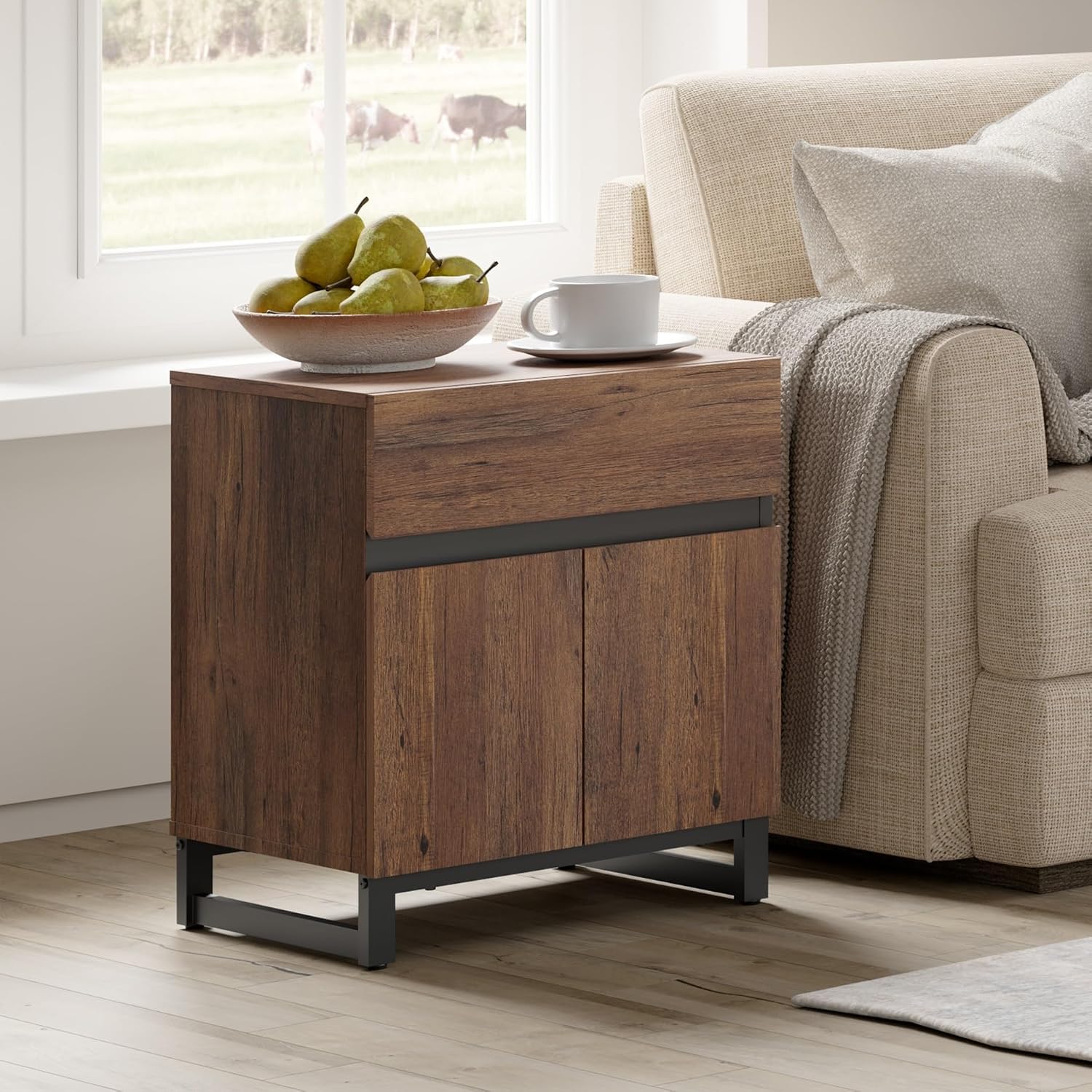 WAMPAT 2 Piece Modern End Table with 1 Drawer & 1 Storage Cabinet, Farmhouse Sofa Table, Wooden Rustic Side Sofa Table with Metal Leg for Living Room, Nighstand for Bedroom, Brown