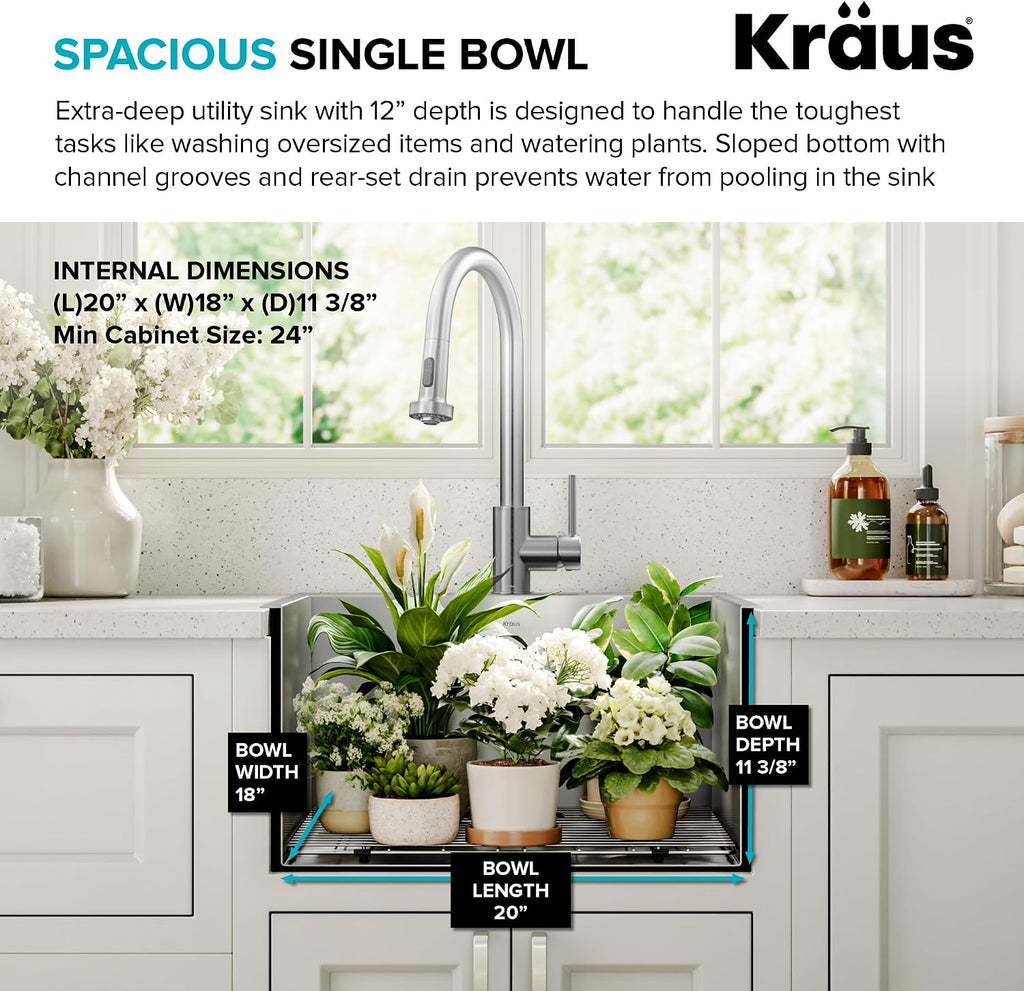 KRAUS Standart PRO 22-inch Drop-In Top Mount 16 Gauge Stainless Steel Single Bowl Laundry Utility Sink, KHT301-22L