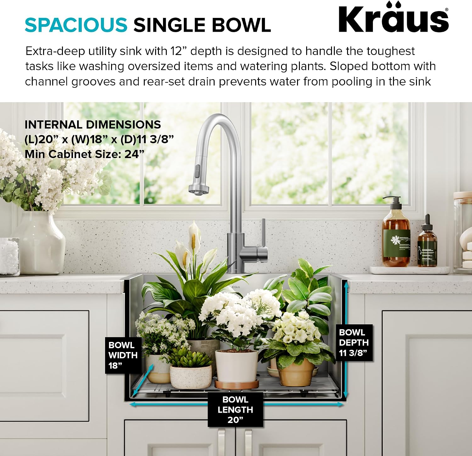 KRAUS Standart PRO 22-inch Drop-In Top Mount 16 Gauge Stainless Steel Single Bowl Laundry Utility Sink, KHT301-22L