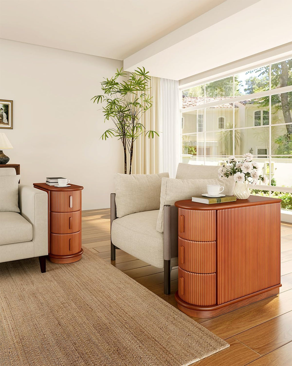 LITTLE TREE End Table with 3 Drawers, No Assembly Required & Closed Back Side Table, Mid-century Modern Sofa Side Table, Brown Side End Table for Living Room, Slim Nightstand Bedside Table for Bedroom